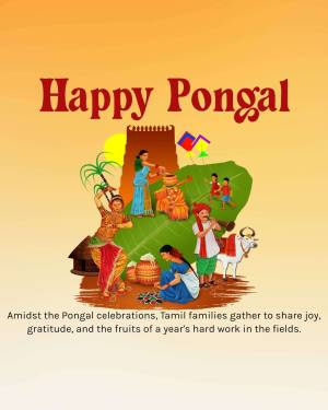 Illustration of a Pongal celebration with Tamil families and traditional elements.