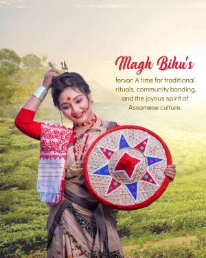 Assamese woman celebrating Magh Bihu with traditional items