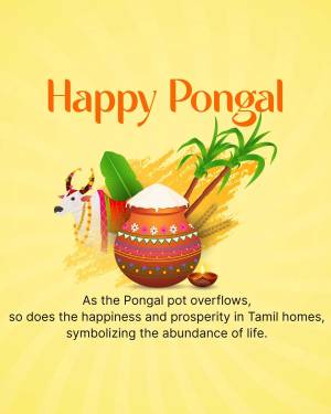 Pongal festival greeting with cow, pot, and sugarcane