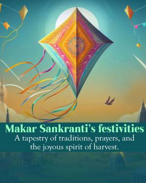 Colorful kite flying in a blue sky during Makar Sankranti