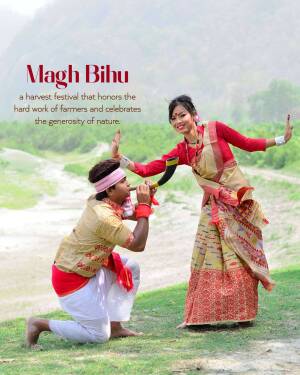 A vibrant depiction of Magh Bihu festival with traditional Assamese dancers.