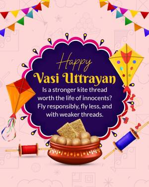 Colorful illustration for Vasi Uttarayan festival with kites, sweets, and a safety message.