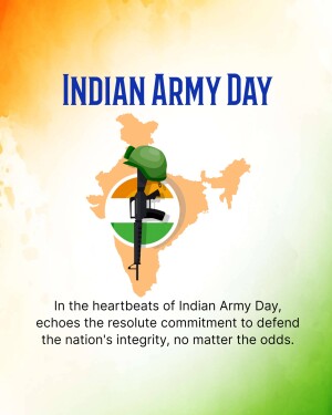 Indian Army Day graphic with Indian flag colors, a helmet, and rifle on a map of India.