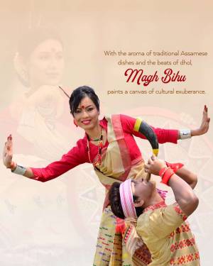 Assamese woman in traditional attire performing Bihu dance with a male dancer playing a dhol.