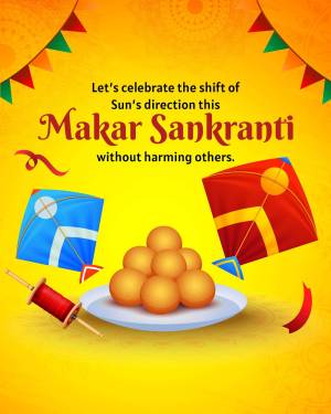 Makar Sankranti festival greeting with kites and sweets