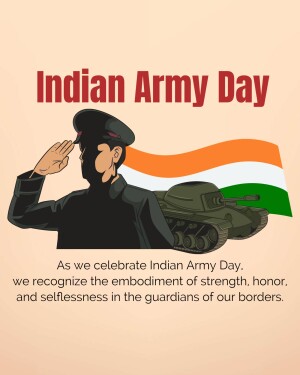 Illustration of an Indian soldier saluting with a tank and Indian flag in the background