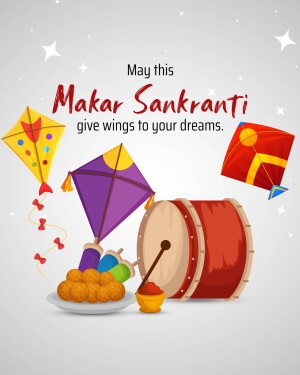 Illustration of kites, sweets, and a drum for Makar Sankranti festival