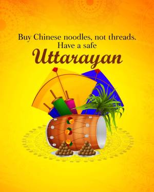 Uttarayana festival poster with kite, drum, and safety message about kite strings.