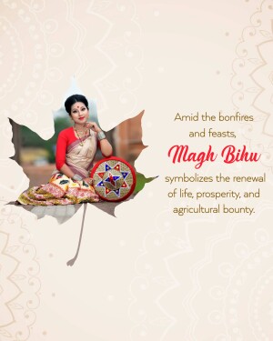 A woman in traditional Assamese attire with a woven plate and maple leaf design, celebrating Magh Bihu.
