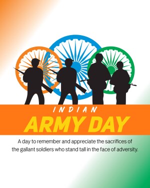 Indian Army Day poster with silhouettes of soldiers and the Indian flag's colors.