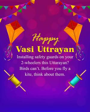 Colorful illustration of kites and spools with a safety message for Uttarayan.