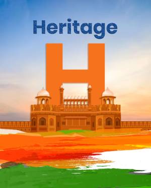 Image depicting the letter 'H' with an Indian heritage building in the background and the colors of the Indian flag.
