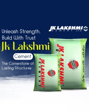 Image of JK Lakshmi Cement bag with tagline 'Unleash Strength, Build With Trust'