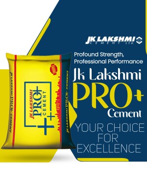 Image of a JK Lakshmi Pro+ Cement bag with branding and tagline.