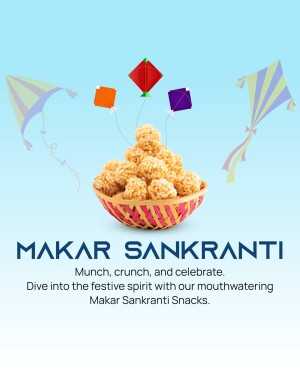 Makar Sankranti festive image with kites and traditional snacks