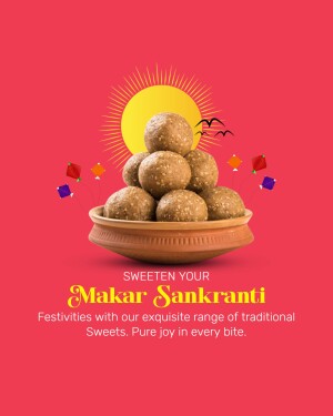 Pile of Laddu sweets with Makar Sankranti greeting