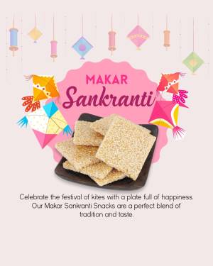 Makar Sankranti festival poster with kites and traditional snacks