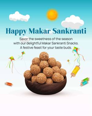 Image depicting Happy Makar Sankranti with til laddoos and kites.