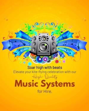 Advertisement for music system rentals with a speaker and musical notes.