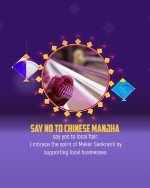 Makar Sankranti poster promoting local kite strings and sweets
