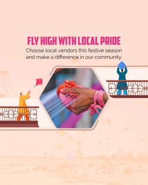 Image promoting supporting local vendors during the festive season with kite flying imagery.