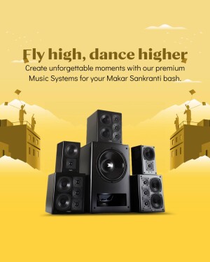 Promotional image for premium music systems for Makar Sankranti celebrations.