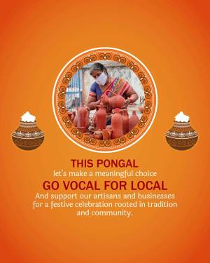 Woman making clay pots with Pongal decorations and text promoting local artisans.