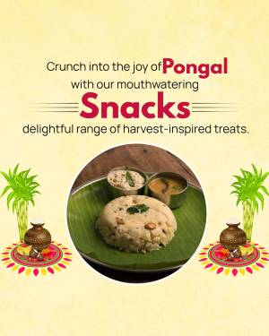 Image of traditional Pongal snacks on a banana leaf with festive decorations.