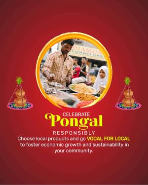 Pongal festival image with a street food vendor and text promoting local support.