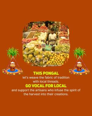 Pongal festival celebration with a vibrant fruit market display and a call to support local artisans.