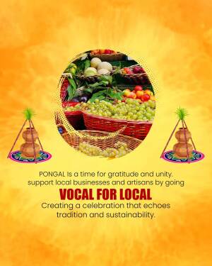 Pongal festival celebration with fruits, vegetables, and traditional decorations.