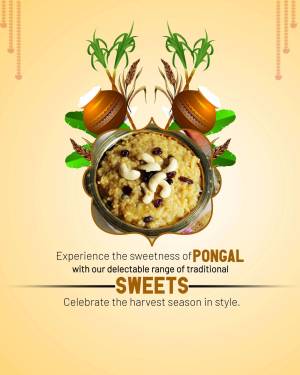 A festive image of Pongal, a traditional South Indian rice dish, with sweets and harvest elements.