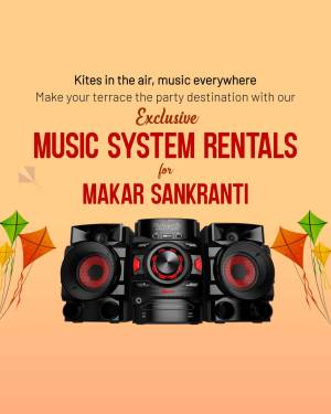 Advertisement for music system rentals for Makar Sankranti celebrations.