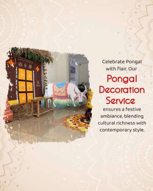 Pongal festival decoration with a traditional rural setting featuring a cow and a decorated doorway.