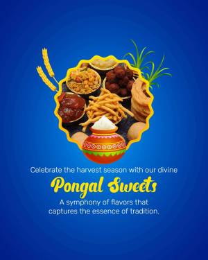 A vibrant image showcasing traditional Pongal sweets arranged around a decorative pot, with a blue background and festive text.