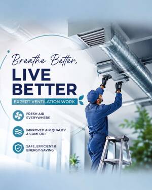 A professional technician installing or repairing ventilation ducts in a commercial ceiling space.