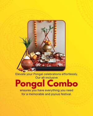 Pongal celebration setup with traditional items and combo offer details