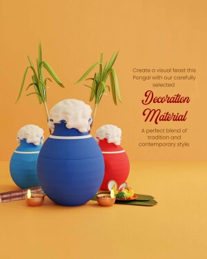 Colorful clay pots with sugarcane and lamps for Pongal festival
