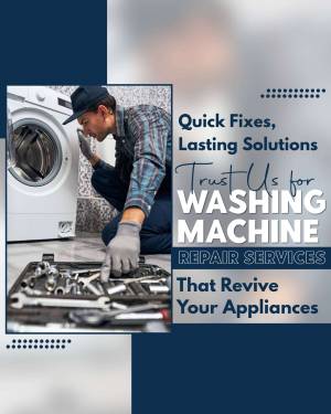 A repairman fixing a washing machine with tools nearby.