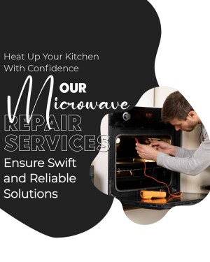 Man repairing a microwave oven with text advertising repair services