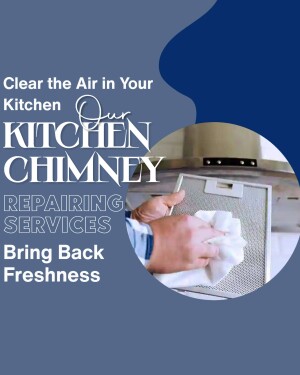 Image of a person cleaning a kitchen chimney filter with text promoting chimney repair services.