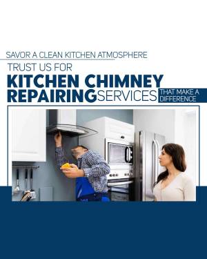 A technician repairing a kitchen chimney while a woman looks on.