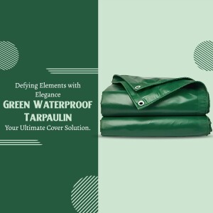 Stacked green waterproof tarpaulins with text overlay