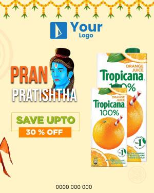 Promotional image for Pran Pratishtha with Tropicana orange juice on sale.