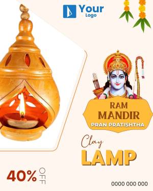 Ram Mandir Pran Pratishtha promotional image with a lamp and deity depiction.