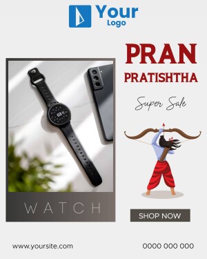 Promotional image for Pran Pratishtha Super Sale featuring a smartwatch and festive illustration.