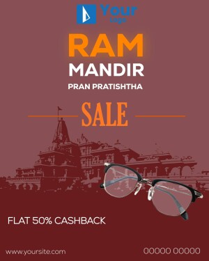 Ram Mandir Pran Pratishtha Sale advertisement with eyeglasses and temple background.