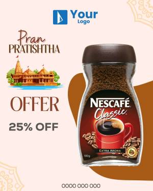 Nescafé Classic coffee jar with temple background and 25% off offer.