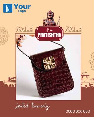 A promotional image for Pratishtha featuring a stylish handbag and festive background.