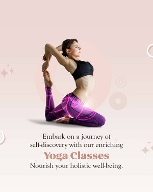 Woman practicing yoga pose with text promoting yoga classes